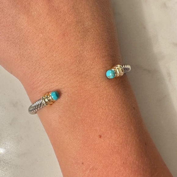 Two Tone Cable Bracelet with Open Cuff Faux Turquoise Silver Tone and Gold Tone - Picture 4 of 9